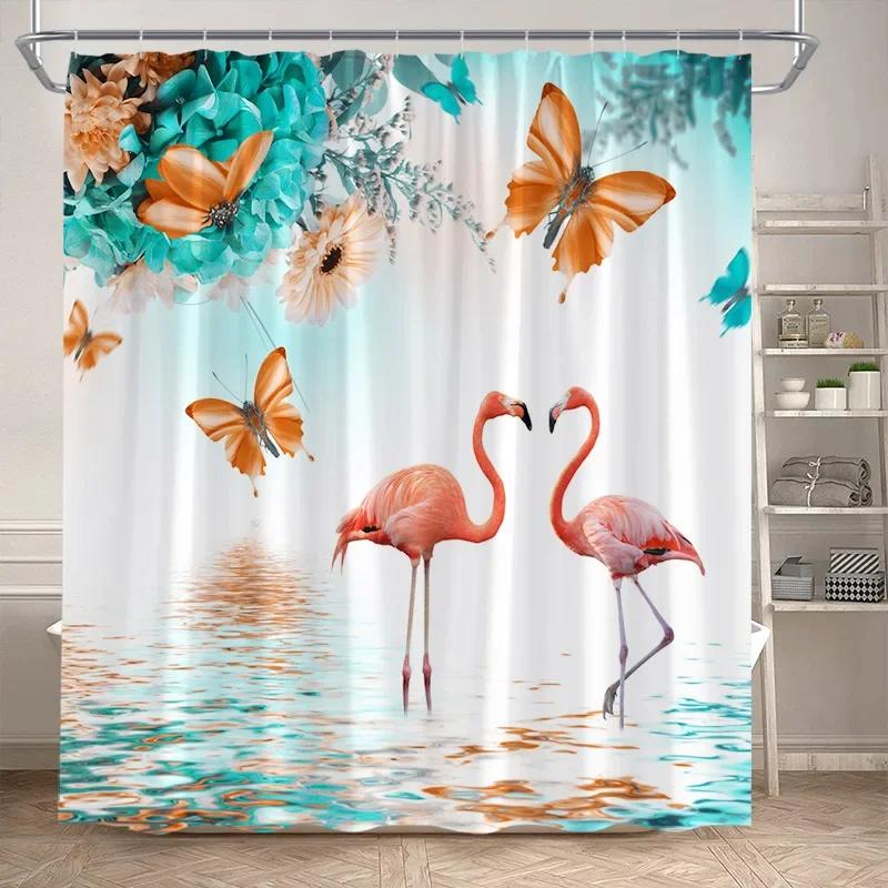 Tropical Jungle Flamingo Shower Curtains Animals Lake Lotus Flowers Palm Tree Plant Forest Scenery Fabric Bathroom Curtain Decor
