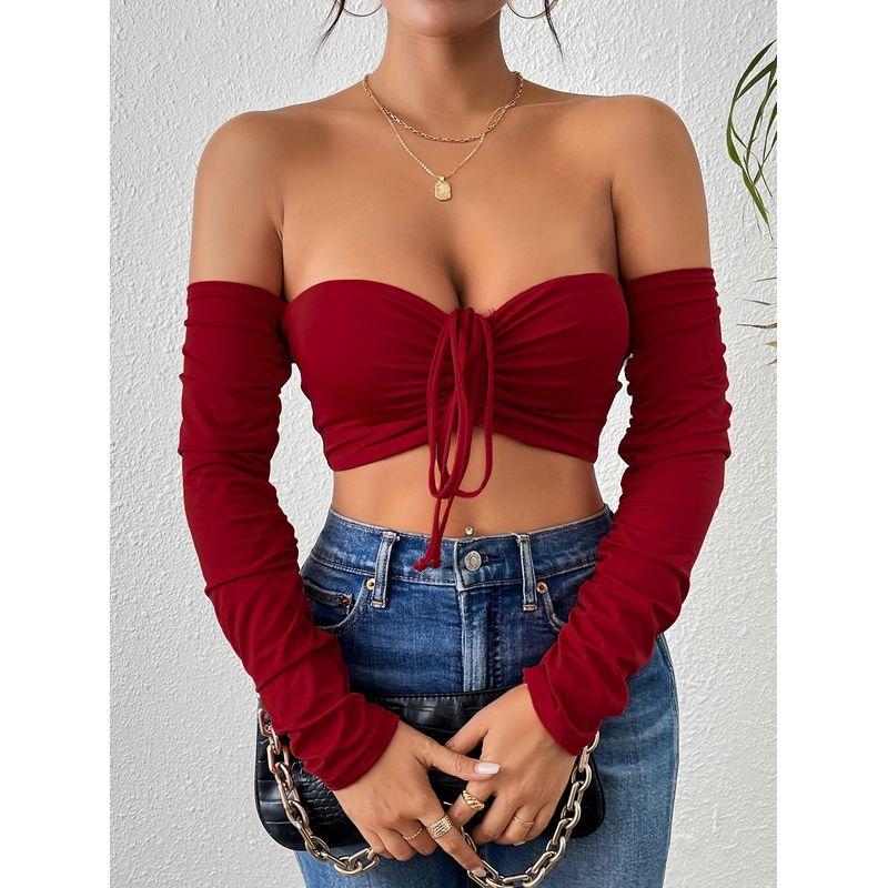 

in Europe and America: Sexy Nightclub Style, Chest-Enhancing, Waist-Cinching Drawstring Long-Sleeve Tank Top That Can Be Worn Outside, for Hot Girls Burgundy XS
