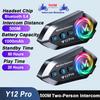 1/2 Pieces Bluetooth 5.4 Intercom for Motorcycle Helmet Y12 Pro with Music Sharing and RGB Light, 2 Motorcyclists Intercom 500M