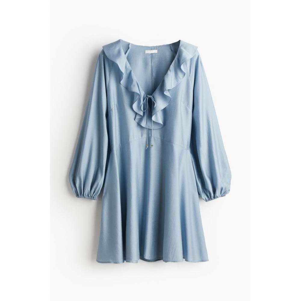 

H M Flounce Detail Dress Dusty Blue