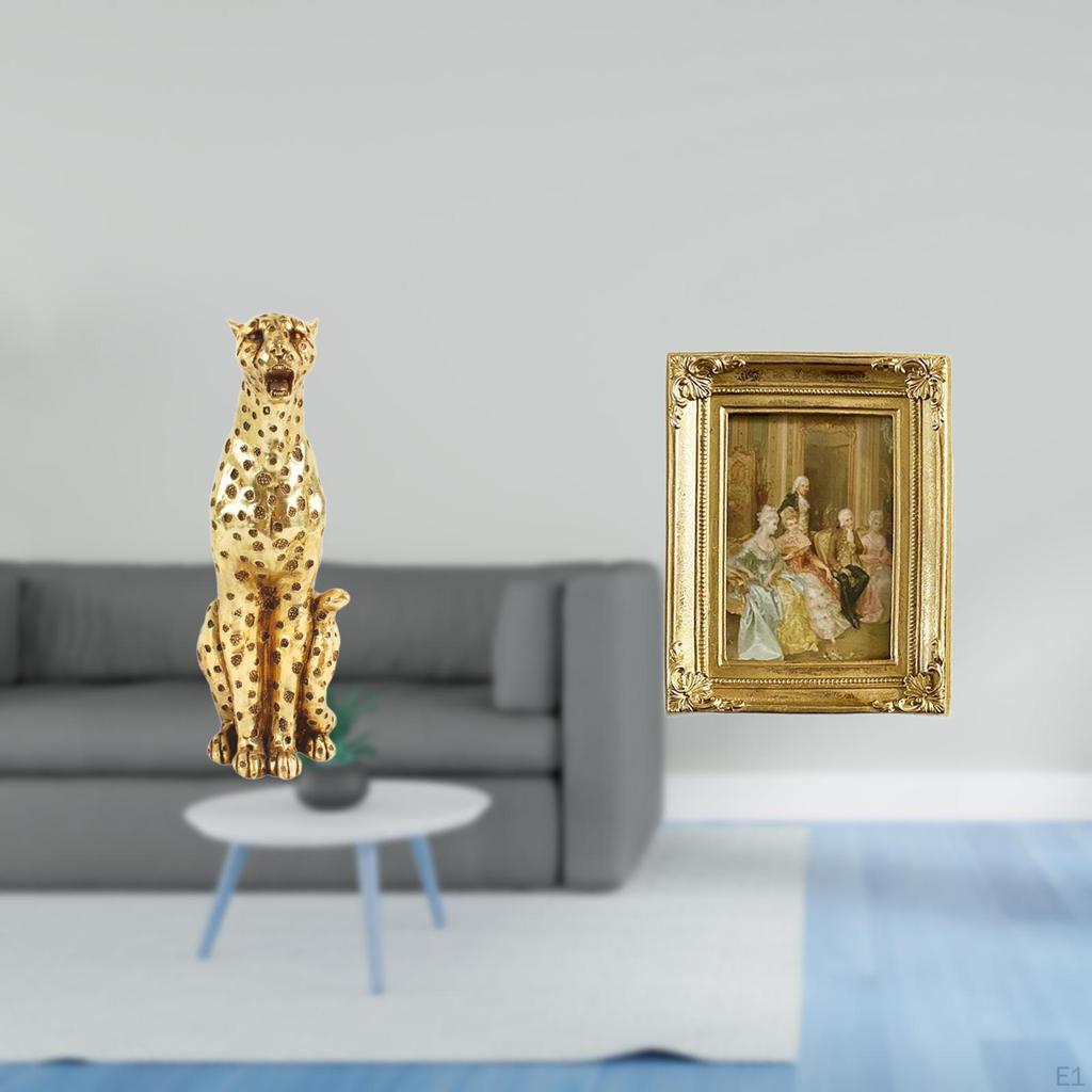 Golden Resin Cheetah Sculpture Tabletop Ornament Decorative Animal Figurine with Glass Photo Frame