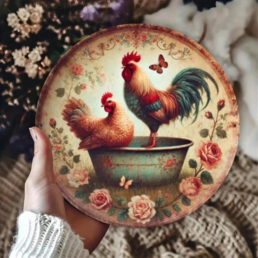Rooster Iron Wall Art Rustic Farmhouse Decor Kitchen Bathroom Country Round Metal Sign