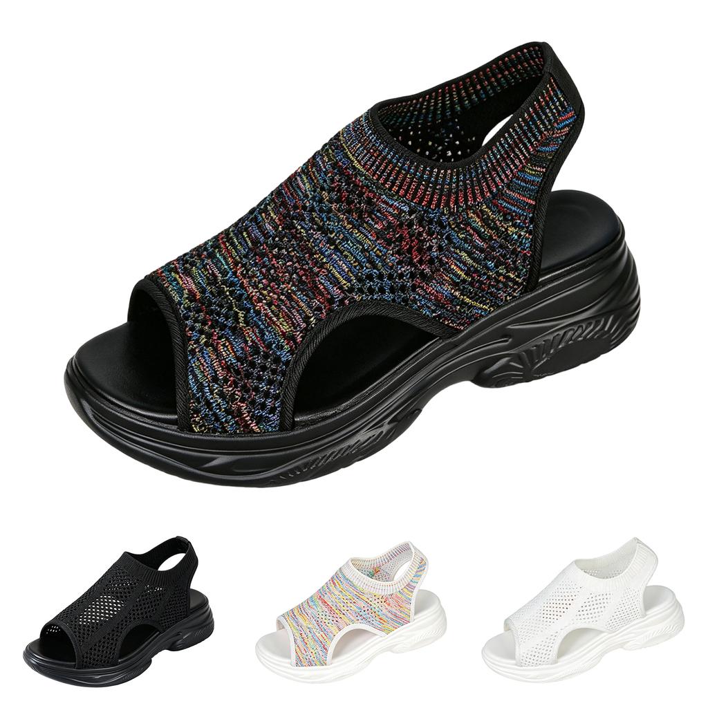 Leichte Damen-Sandalen mit offener Zehenpartie aus Strick-Netzstoff, atmungsaktive Slip-On-Schuhe für den Alltag mit gepolsterter Sohle und flexibler Laufsohle
