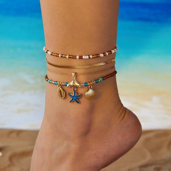 Vintage Gold Color Double Layer Anklet for Women Star Pearl Starfish Zircon Pineapple Anklets Bracelets Foot Chain Beach Jewelry
