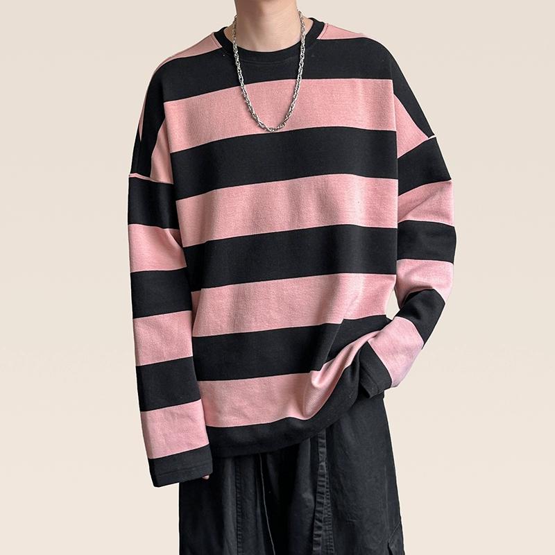Fashion Punk Men Harajuku Black Pink Striped Hoodies Male Loose Oversized Long Sleeve Boys Tees Retro Hoodies Punk Clothes Boys Pullover