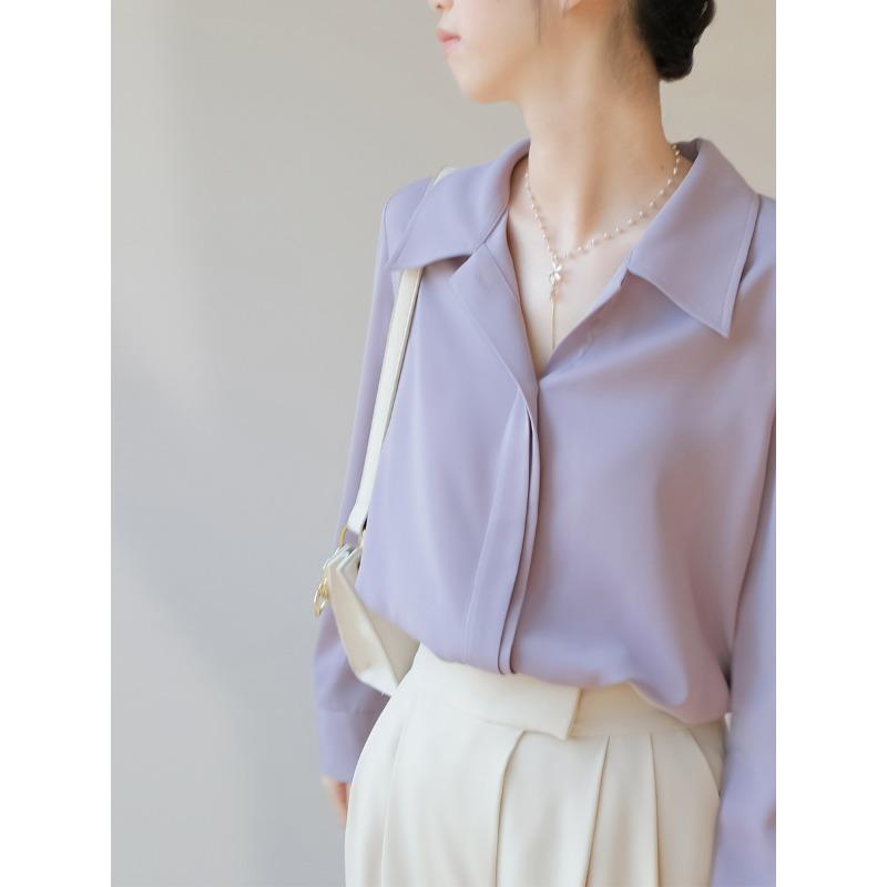 

Фиолетовая рубашка с напуском, женская весенне-осенняя модель, драпированная темная пуговица сзади, нишевая блузка с разрезом на спине, блузка с длинными рукавами XL светло-фиолетовый
