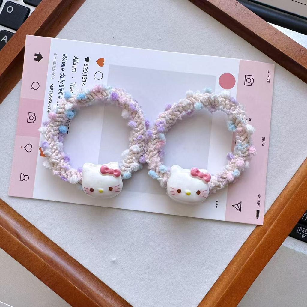 Cartoon KT Beaded Hair Tie: Colorful, High-Elastic Woven Band for Girls & Students