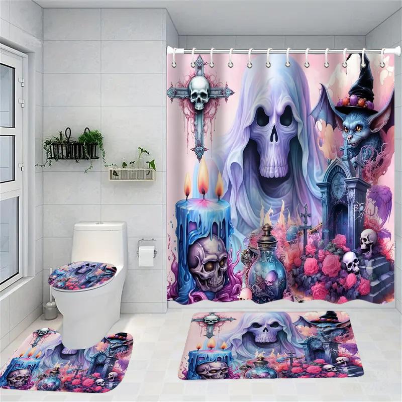 Halloween ghost Skull Pattern Shower Curtain Bath Sets Waterproof Non-Slip Bathroom Rug Toilet U With 12 Hooks Home Deco