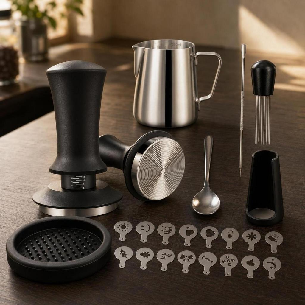 Espresso Tamping Kit with Pitcher Ergonomic Latte Art Set Stencils Non-Slip