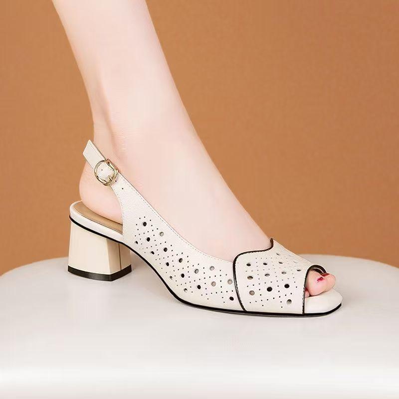 Versatile Thick Heel Fashionable Hollow Fish Mouth Sandals for Women Summer Mid Heel Buckle Sandals