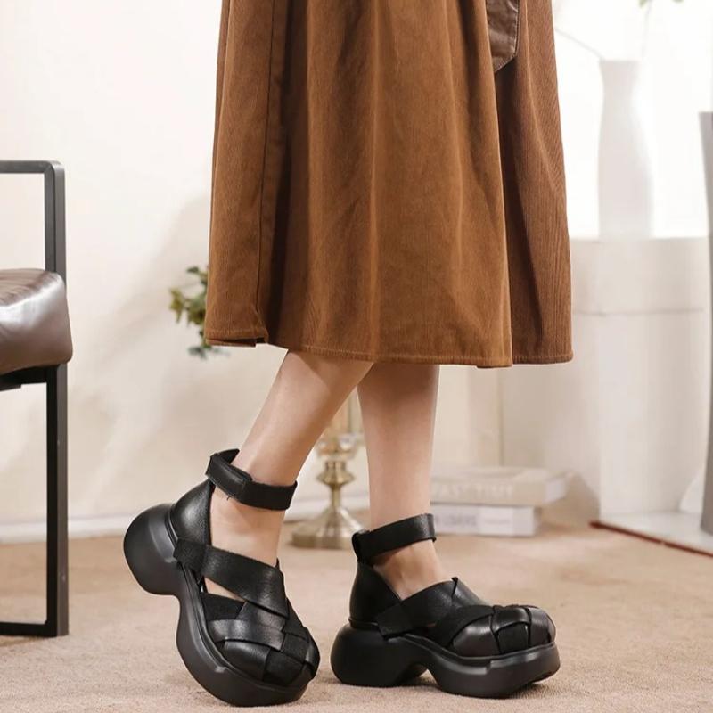 Johnature Echtes Leder Gewebte Schuhe mit dicker Sohle Retro Handgefertigte Damen Plateau-Sandalen