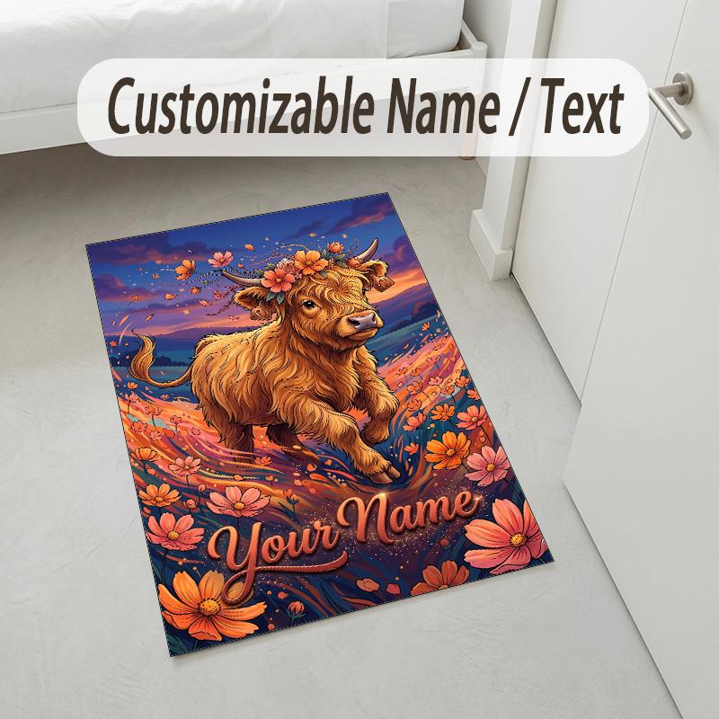 Cow Highland Theme Crystal Velvet Rug Personalized Custom Name Text Soft Floor Mat Home Decor
