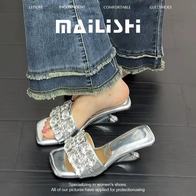 

Heightened Slippers for Women 2026 New Beautiful French Rhinestone with Wedge Sandals for Summer Wear 35 серебряный