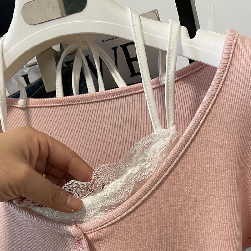 Rosa T-Shirts Damen Slim Süß College Mode Koreanisch Frühling Weich Freizeit Cropped Gespleißt Design 2026 Neuankunft Täglich Lässig