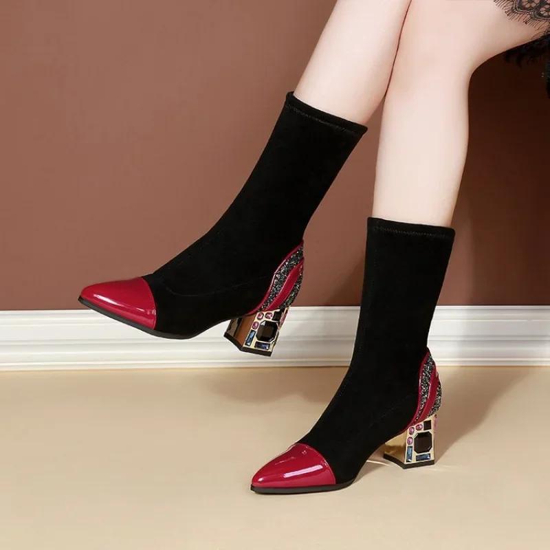 Women's Boots Fabric High Heel Autumn Sock Boots Women Fashion Zipper Pumps Pointed Toe Slip on All-match Single Boots Size35-40