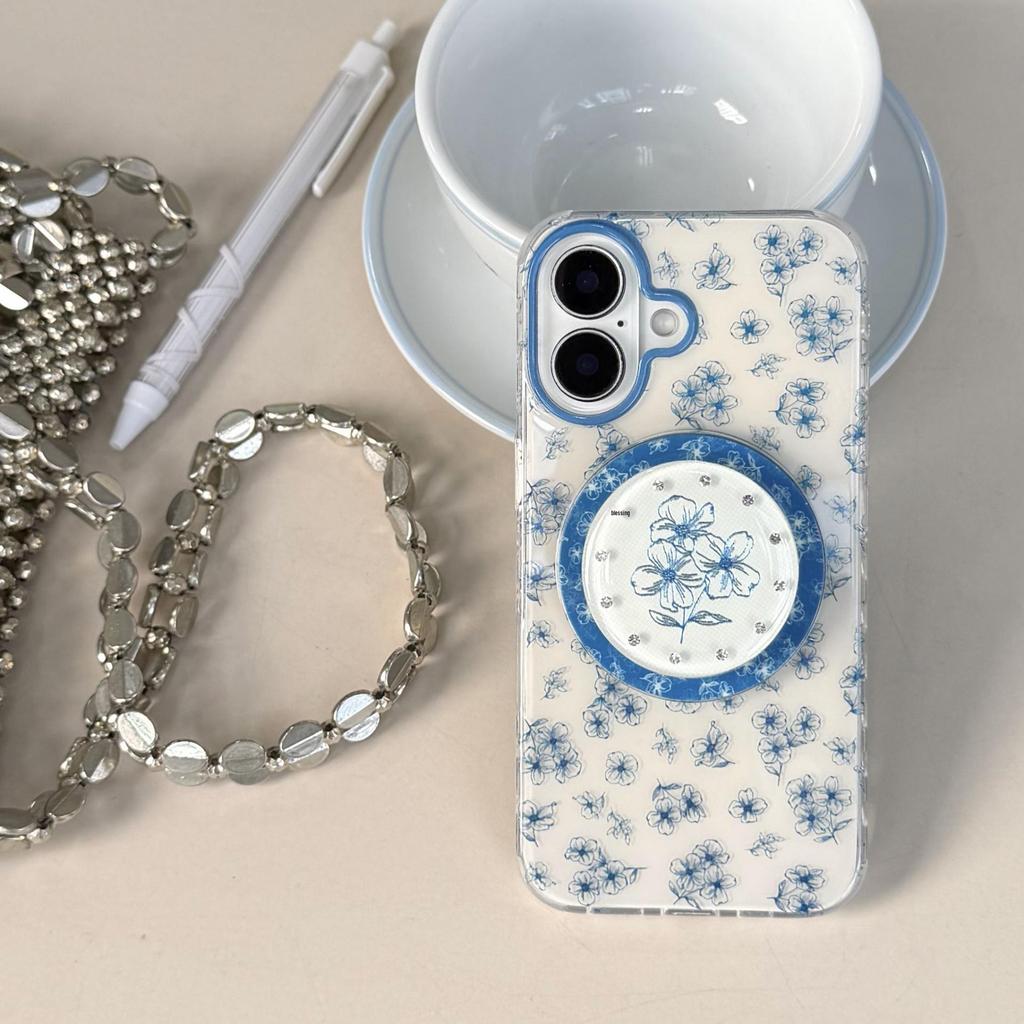 Retro Blue Flower Diamond Studded Magnetic Phone Case for Apple 16/17 Pro Max/iPhone 15, 14P (Female)