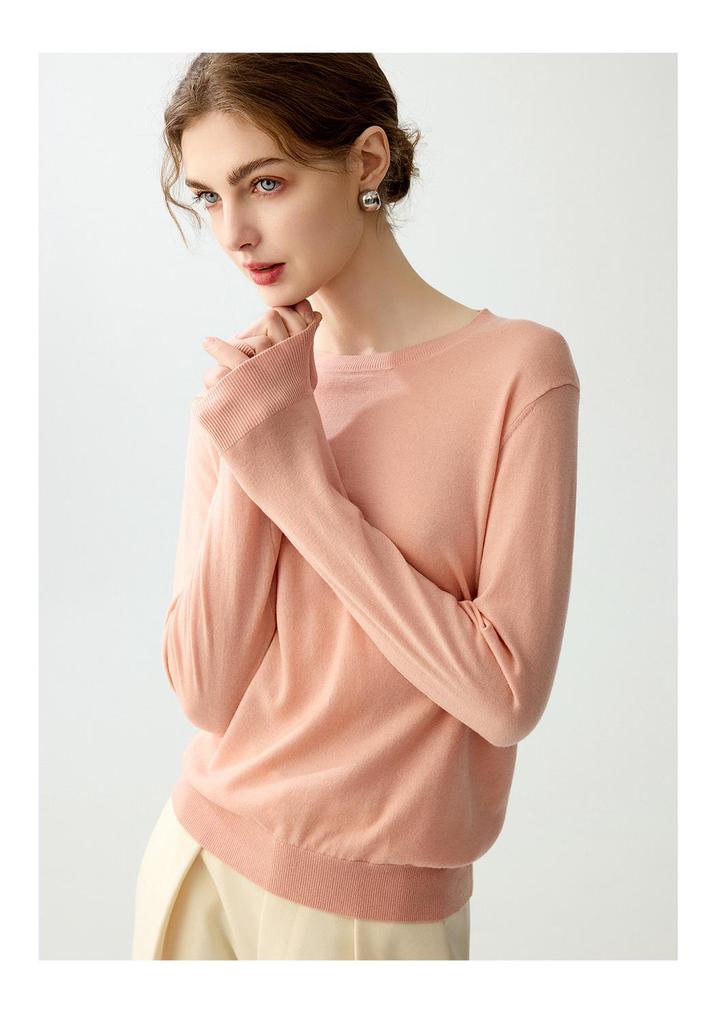 Women's Soft Skin-Friendly Pure Wool Round Neck Pullover Sweater – Gentle Style, Long Sleeve