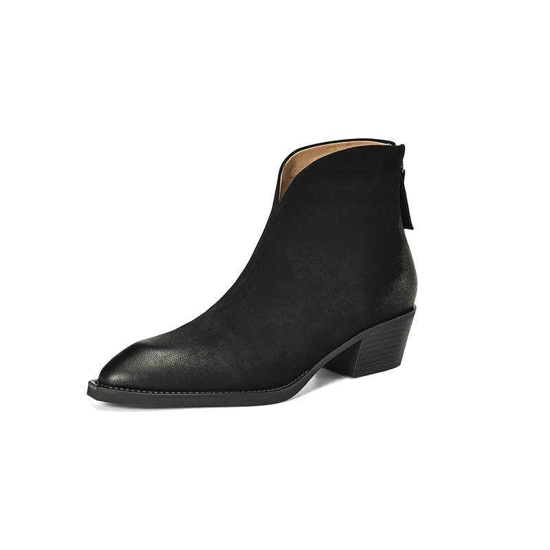 Fashion NEW Autumn/Winter Women Boots Pointed Toe Chunky Heel Shoes Genuine Leather Shoes for Women Casual Zip Ankle Boots Western Boots