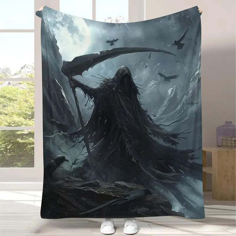 Grim Reaper Digital Printed Flannel Printed Blanket Home Decor Lightweight Halloween Horror Prank Blanket