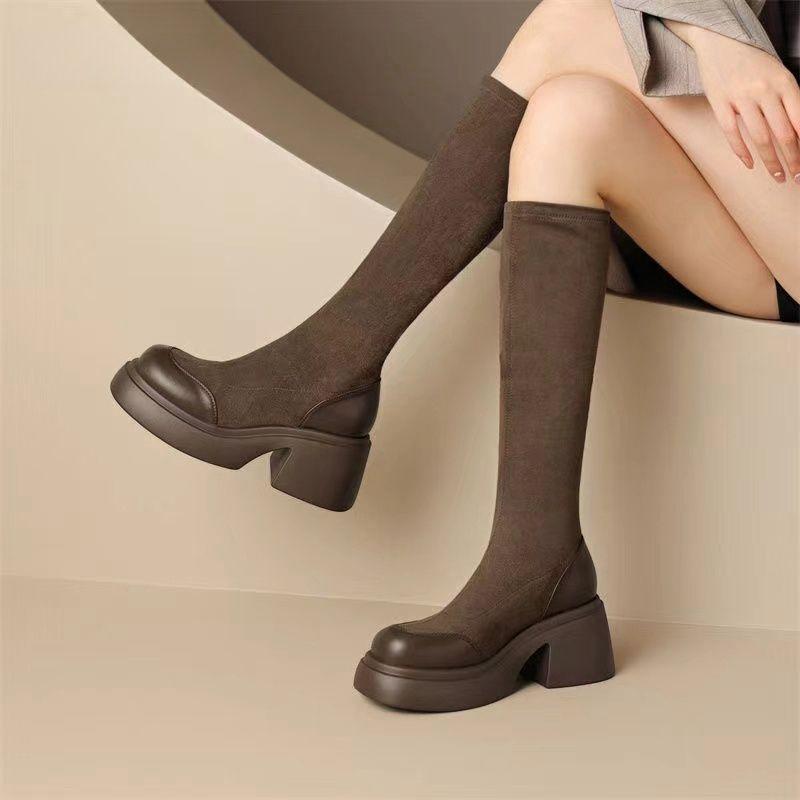 Fashion Elegant Heeled Round Toe Ladies Knee High Shaft Shoes Autumn Winter Platform Women's Long Boots Elastic Comfortable Boot Sale