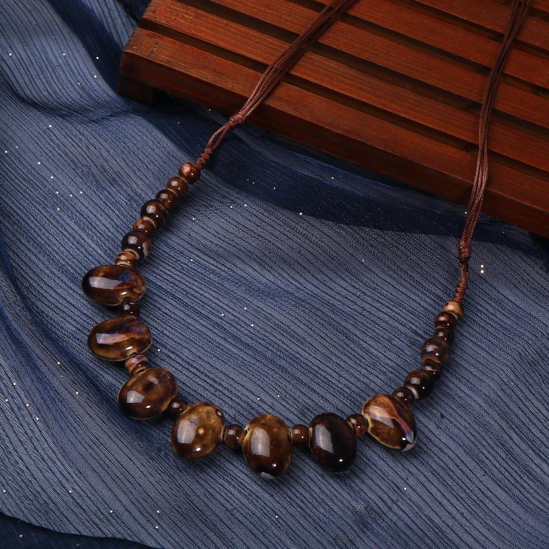 Colorful Ceramic Bean Necklace Handmade Boho Pendant Adjustable Vintage Jewelry For Women Gift
