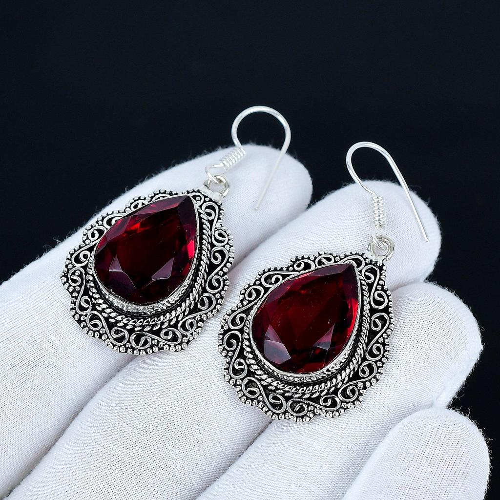 Red Garnet Gemstone Earrings, 925 Sterling Silver Earrings, Silver Earrings For Gift, Red Garnet Dangle Drop Earrings For Anniversary Gifts