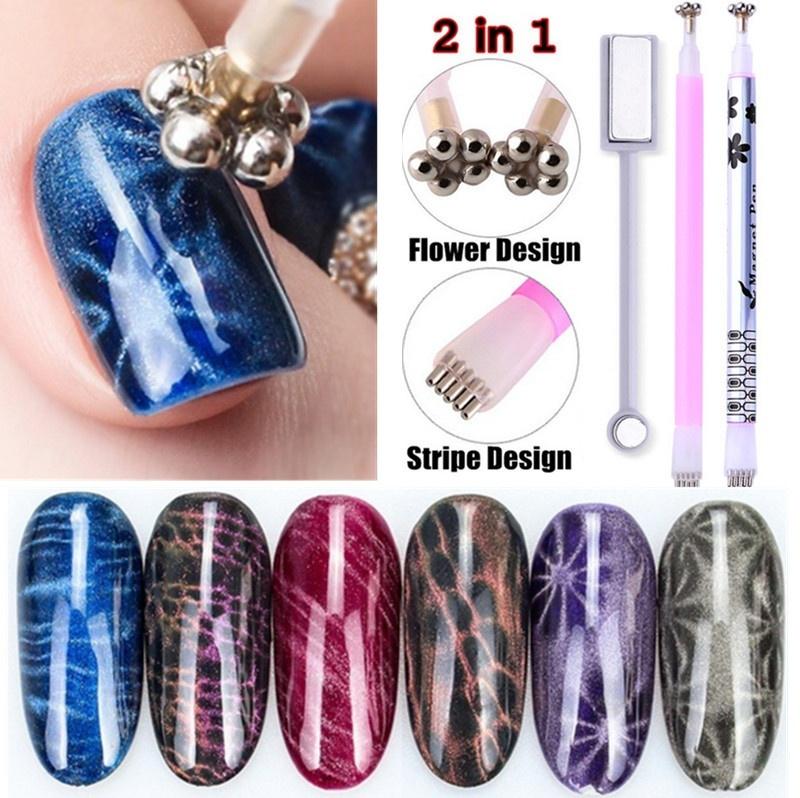 2 Pcs Nail Art Dual-ended Cat Eye Magnet Pen Flower Stripe Grid for DIY 3D Magnetic UV Gel Polish