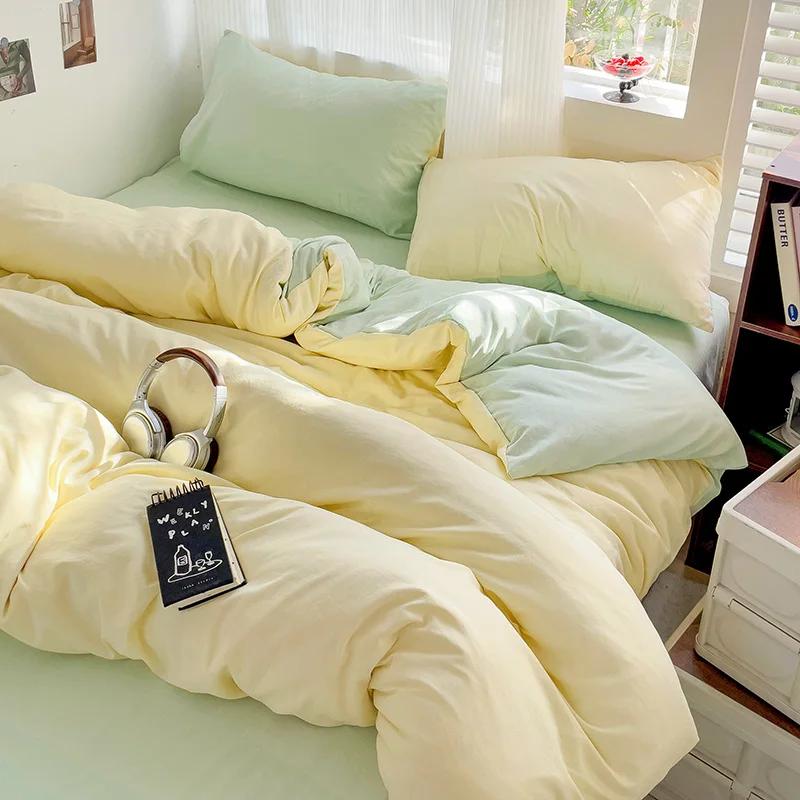 

Solid Bed Linen Cotton Bedding Set 4pcs with Sheet Duvet Cover Pillowcases Single Couple Bedsheet Single Couple Twin Size Twin Size 4pcs желто-зеленый