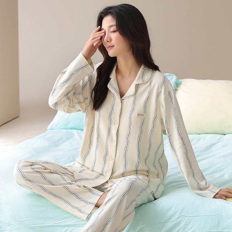 

% Pure cotton couple pajamas women s autumn long sleeves new high-end men s loungewear suit with chest pads can be worn outside m [100% cotton]