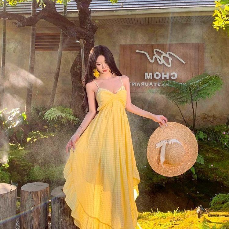 Tropical Yellow Long Dress With Backless Design For Beach Vacation Womens Resort Wear
