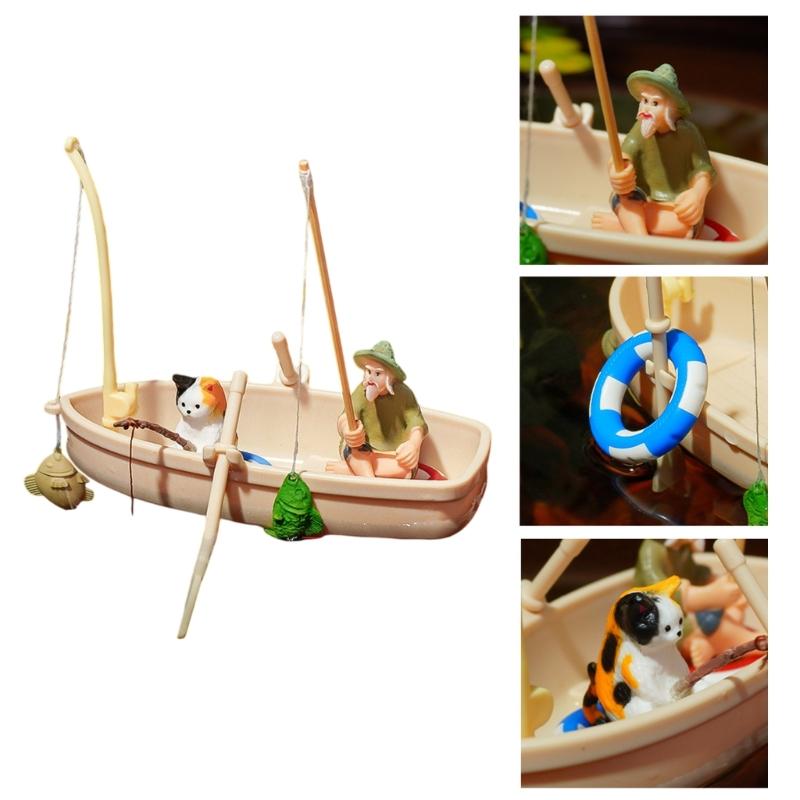 Aquarium Decoration Fishing Boats Ornament, Fishing Scene Fishtank Decors with Fisherman and Cats Detail for Fishtank Landscape Use