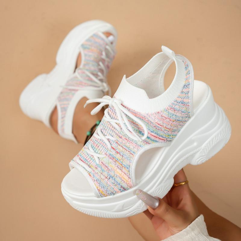 Fashion Summer New Knitting Woven Lace-up Women's Sports Sandals Fashion Breathable Open Toe Wedge Heel Thick Sole Beach Casual Sandals
