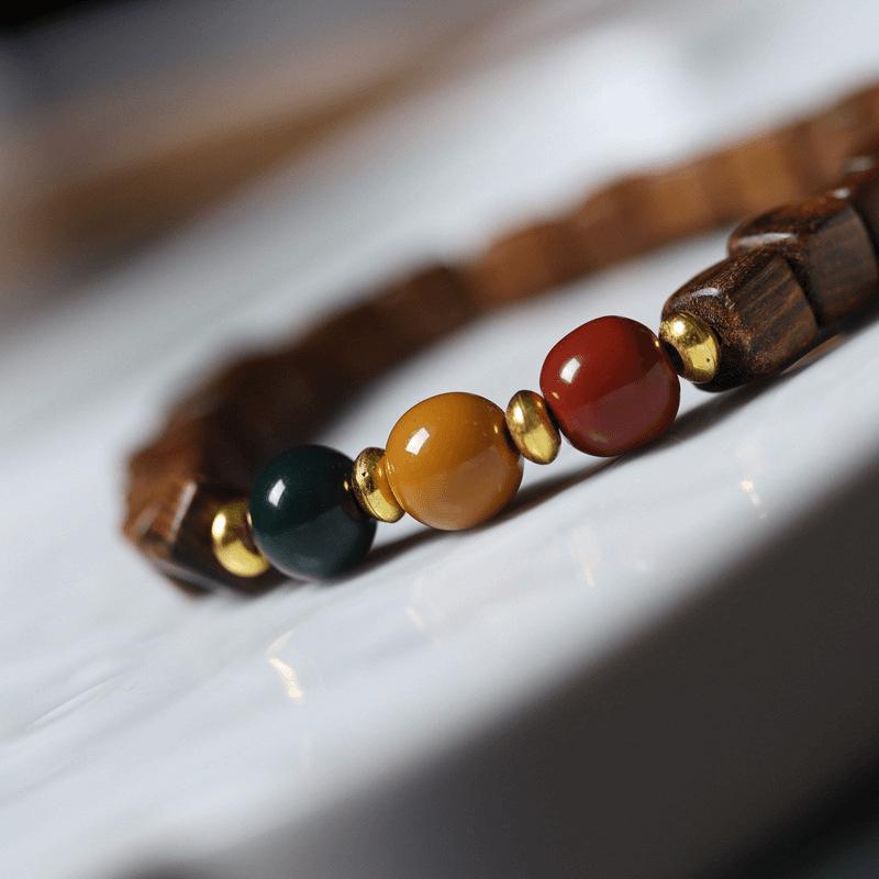 Tricolor Black Pear Sandalwood Cube Bead Bracelet with Ethnic Style