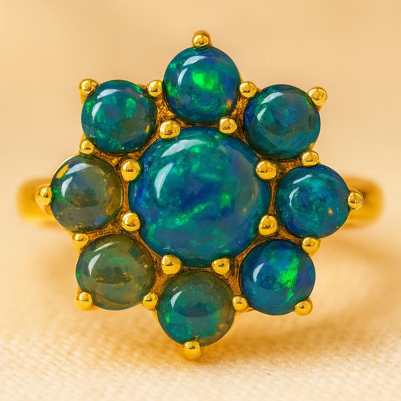 

Кольцо-кластер с черным опалом, Посеребренное ювелирное изделие с позолотой, Женское цветочное кольцо-заявление, Подарок на годовщину и день рождения M золотой