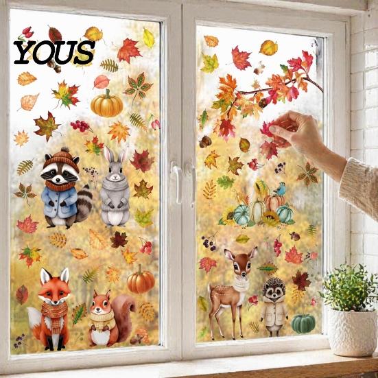 Removable Maple Leaf Decals 9 Sheets Fall Woodland Animals Window Clings, Autumn Pumpkin Clings Squirrel Fox Rabbit Glass Sticker, Anti Collision
