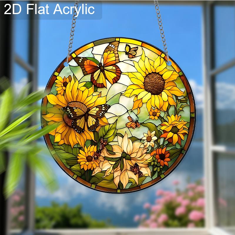 Acrylic Sunflower and Butterflies Suncatcher, Stained Glass Style Window Hanging Ornament for Nature and Garden Lovers