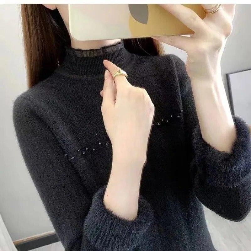 Tricotaj din dantelă Pulover pentru femei de pluș integrat, subțire, cu jumătate de gât înalt, pulover îngroșat, decorare cu perle, pulover de tragere, toamnă iarnă