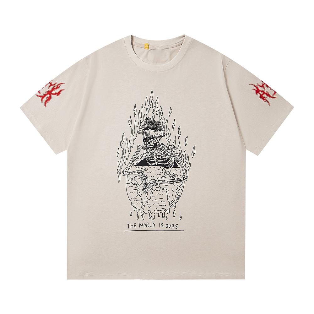 

Men Women The World Is Ours Skeleton & Fire Print Oversized T-shirt Streetwear Cotton Tee XL