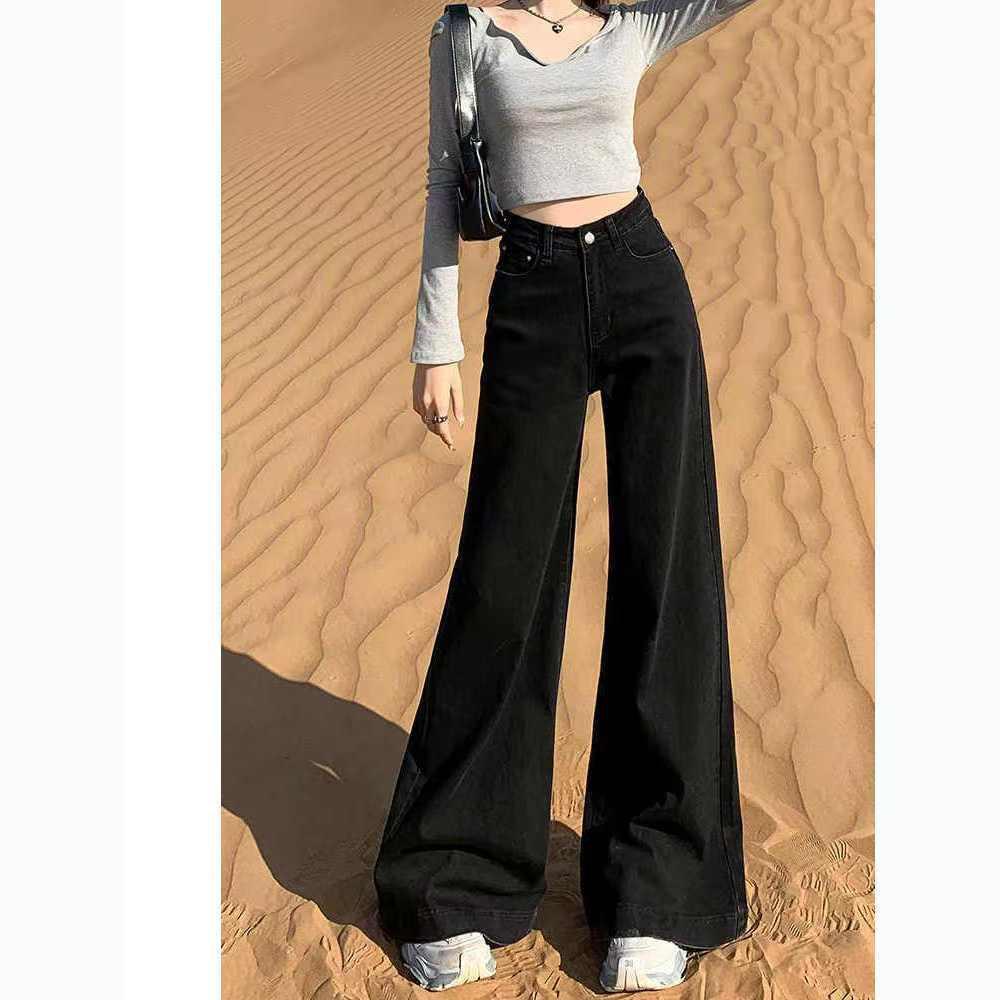 Women's Low Rise Wide Leg Jeans Loose Fit Sweet Spice Style Micro Stretch Black Denim Trousers