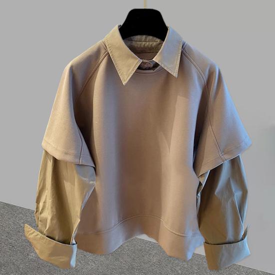 Men Shirt Lapel Long Sleeve Solid Color Splicing Fake Two-Piece Design Pullover Tops Loose Fit Casual Shirt Work Wear