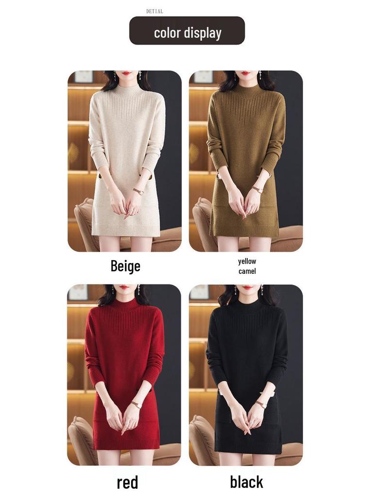 Women's Korean-Style Loose Knit Mid-Length Sweater with Pockets
