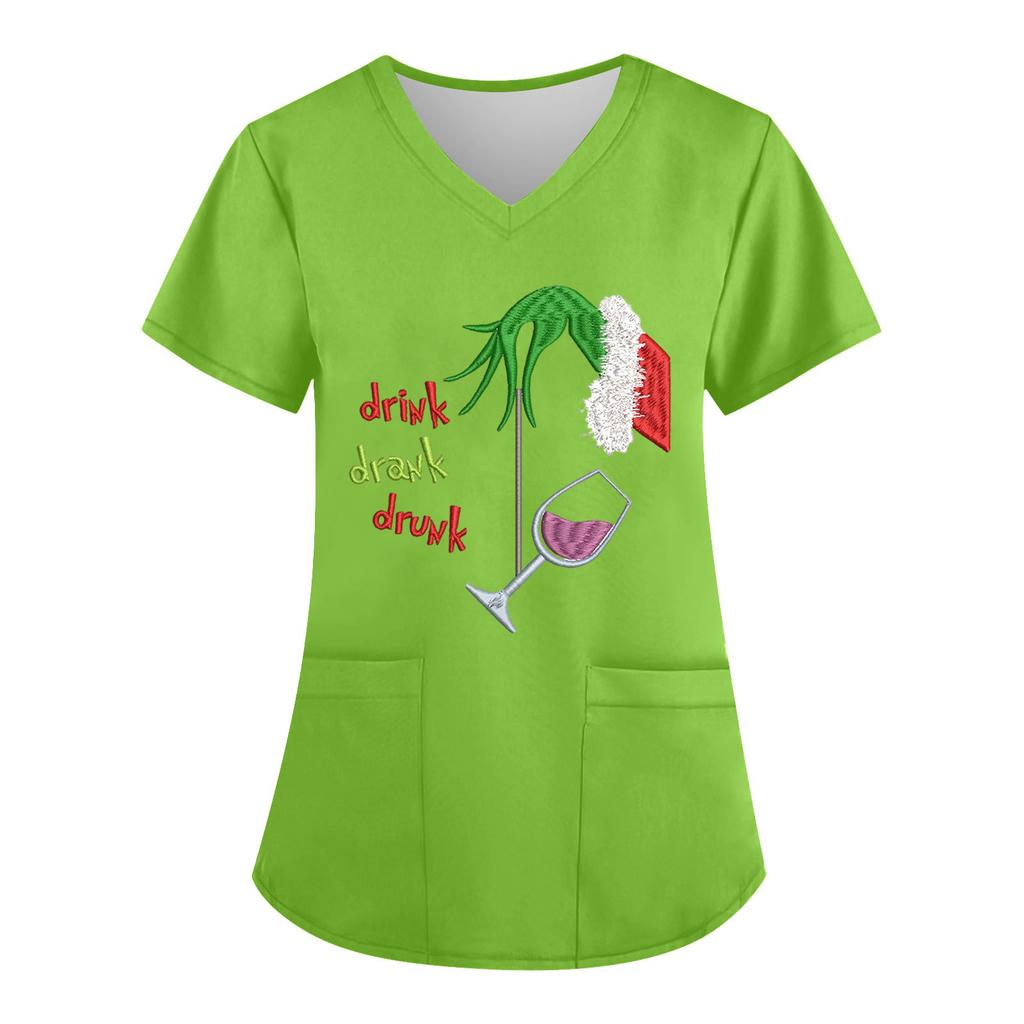 Women's V-neck Christmas Print Short-sleeved Pocket Side Slit Uniform Top