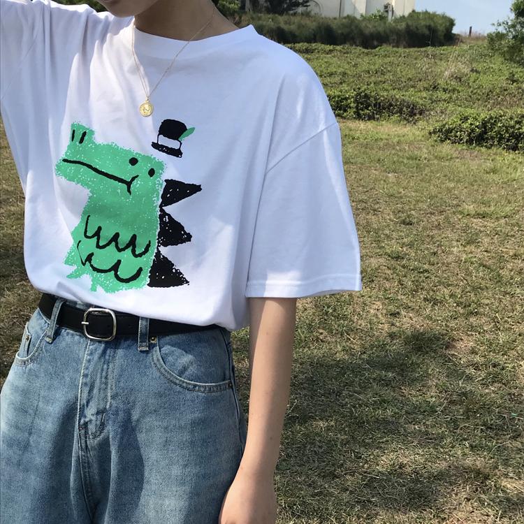 Summer Women Funny Cartoon Print T-Shirt Girl Harajuku Round Neck Loose Casual Y2K Harajuku Tops Graphic Tees Graphic T Shirts