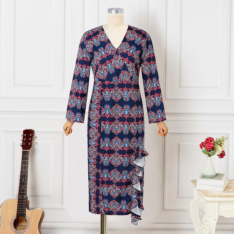 Robes Imprimées Élégantes à Col en V et Manches Longues pour Femmes Grandes Tailles