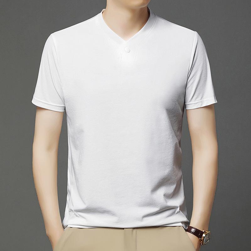 Men’s Summer 2025 V-neck Single-button Short Sleeve Breathable T-shirt