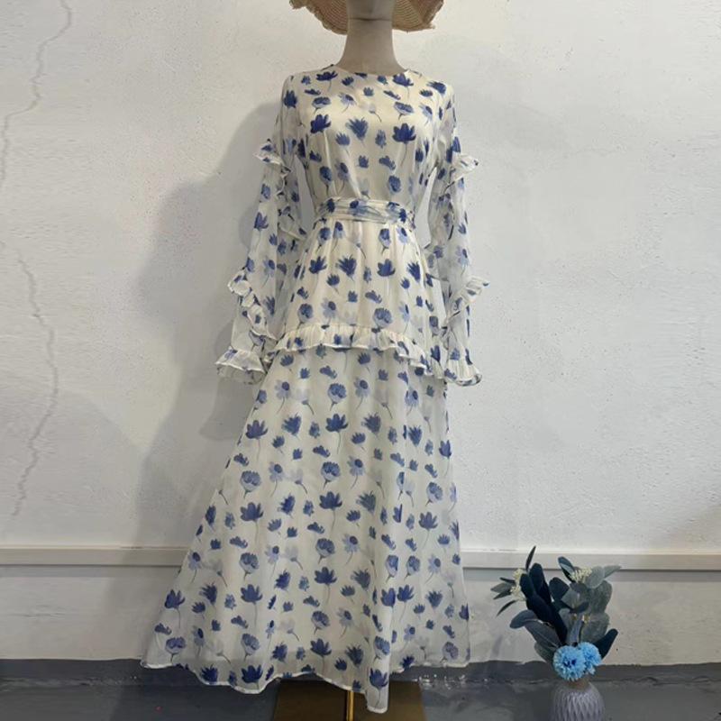 

Европейское и американское женское платье с цветочным принтом и оборками - Новый нежный стиль, длинный рукав, круглый вырез Large цветочный