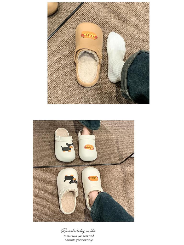 Women's Cotton Slippers: Cute Sausage Dog Design, Plus Velvet, Warm, Non-slip, Waterproof, Closed Toe for Autumn/Winter 2025.