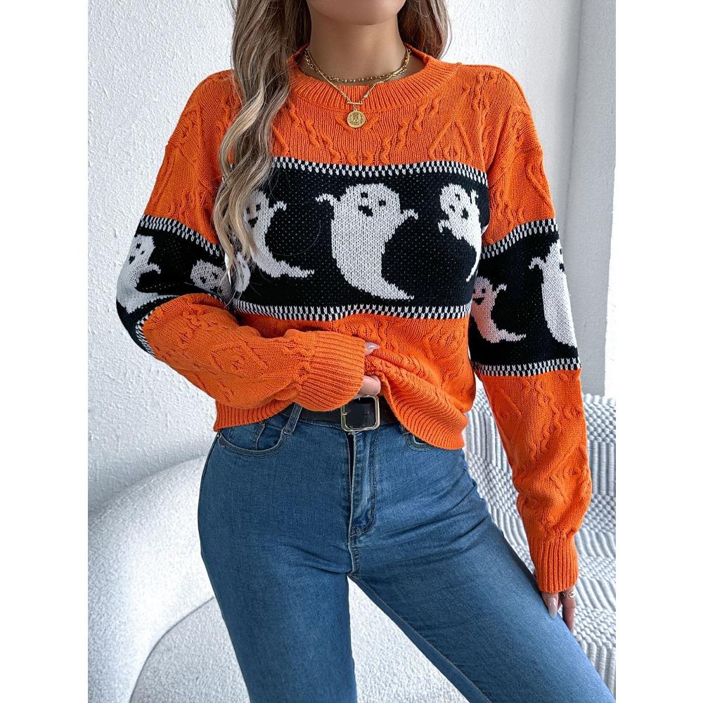 Autumn/Winter Women's Hoodie Halloween-themed Ghost Contrast-colour Long-sleeved Pullover Women's Knitted Sweater Top