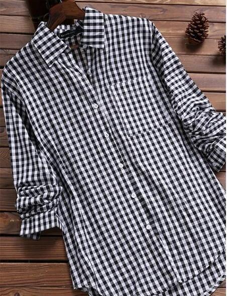 Large Quantities In Stock, Women's Ebay Loose Plaid Lapel Neck Long-sleeved Pocket Shirt.
