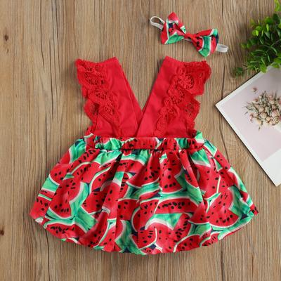 Baby Watermelon Print Clothes Set, Girls Sleeveless Deep V-neck Short Jumpsuit + Bow-knot Headband